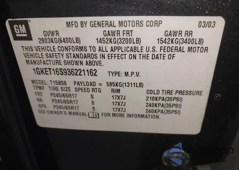 2003 GMC Envoy Xl Sle from USA, damaged, VIN 1GKET16S936221162